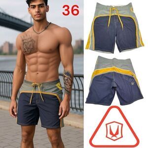 Redsand Men's Colorblock High Waisted Board Shorts Swimwear Gray Yellow Size 36